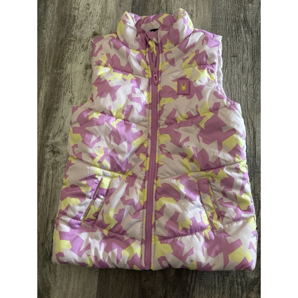 Spyder Girls Size 6 Puffer Vest Pink Purple Yellow Geometric Full Zip Winter EUC